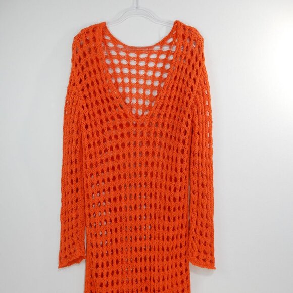 FREE PEOPLE Beach Sahara Sweater Midi Cover up DRESS M L Orange Scarlet Ibis NEW - Picture 6 of 8